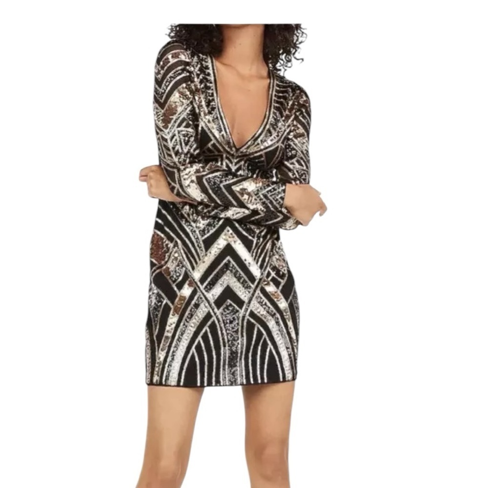 Express.  Black and Gold Bodycon Dress with Plunge Neckline